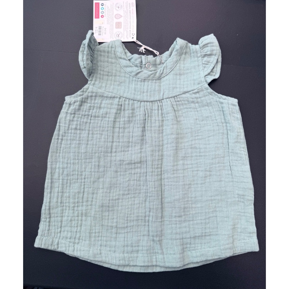 Apple Park Organic Cotton Muslin Baby Dress Sage Green Flutter Sleeve 3-6M NWT